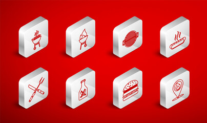 Set line Location with fire flame, Barbecue grill, Hotdog sandwich, Burger, grilled shish kebab, Ketchup bottle and Crossed fork knife icon. Vector