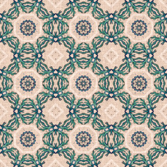 Coastal coral reef geometric quilt style linen pattern. Seamless marine fabric effect background for nautical home decor. Natural kelp geo damask in hand drawn watercolor tile print.