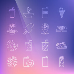 Set line Burrito, Taco with tortilla, Pizza in cardboard box, Beer can, Ice cream, Glass water and Location slice pizza icon. Vector