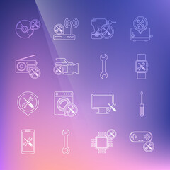 Set line Gamepad service, Screwdriver, Smartwatch, Drill machine, Video camera, Radio, CD or DVD disk and Wrench icon. Vector