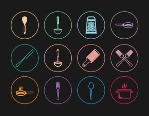 Set line Cooking pot, Crossed fork, Grater, Kitchen ladle, Knife, whisk, and icon. Vector