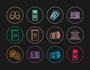 Set line Museum ticket, building, Ticket, Cover book travel guide, Binoculars, Bus and icon. Vector