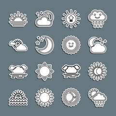 Set line Cloud with rain and sun, Eclipse of the, moon stars, Sunset, Moon, cloud weather, and icon. Vector