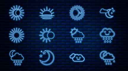 Set line Cloud with rain and moon, Eclipse of the sun, Sun, and Sunset icon. Vector