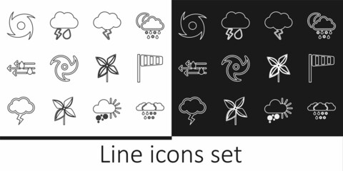 Set line Cloud with snow and rain, Cone windsock wind vane, Storm, Tornado, Wind, Pinwheel and lightning icon. Vector