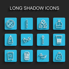 Set line Trash can, Stop plastic pollution, No bottle, Problem of the ocean, Garbage bag, Paper glass and Disposable spoon icon. Vector