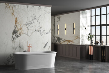 Modern luxury bathroom, white marble walls, bathtub, concrete floor, indoor plants, side view. Beautiful room with modern furniture and window. 3d rendering