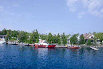 red boat in the harbor
