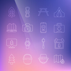 Set line Location of the forest on map, Calendar with tree, First aid kit, Picnic table benches, Photo camera, in laptop, Campfire and City navigation icon. Vector