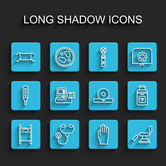 Set line Stretcher, Stethoscope, Medical protective mask, rubber gloves, dental chair, Blood pressure, Organ container and Otolaryngological head reflector icon. Vector