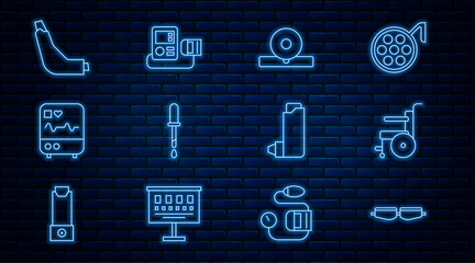 Set line Safety goggle glasses, Wheelchair for disabled person, Otolaryngological head reflector, Pipette, Monitor with cardiogram, Inhaler, and Blood pressure icon. Vector