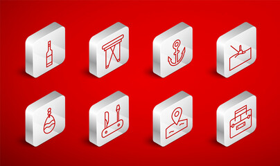Set line Case container for wobbler, Folding chair, Anchor, Fishing float water, Location fishing, Bottle of vodka, Swiss army knife and spoon icon. Vector