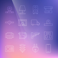 Set line Smartphone, Bathroom scales, Security camera, Stereo speaker, Warehouse, Wrist watch, sensor and Delivery cargo truck icon. Vector