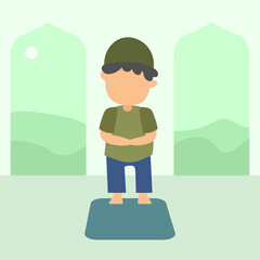 moslem kid character praying flat illustration