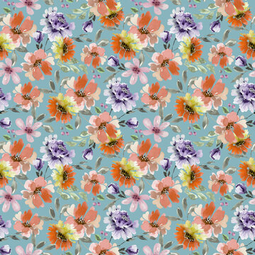 Seamless floral pattern with orange and lilac flowers on a blue background, hand painted in watercolor.	