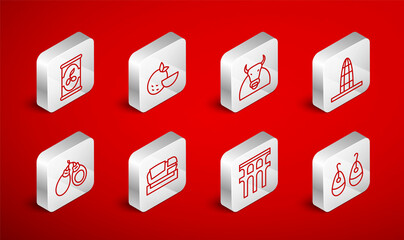 Set line Earrings, Orange fruit, Bull, Agbar tower, Aqueduct of Segovia, Olives can, Stadium Mestalla and Castanets icon. Vector