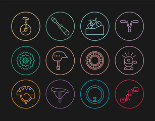 Set line Bicycle pedals, bell, Mountain bicycle, helmet, cassette, Unicycle or one wheel, ball bearing and Screwdriver icon. Vector