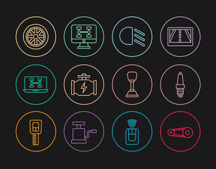 Set line Timing belt kit, Car spark plug, High beam, Check engine, Diagnostics condition of car, wheel, Gear shifter and icon. Vector