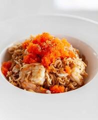 A plate of instant noodles stir-fried with fresh shrimp and ebiko