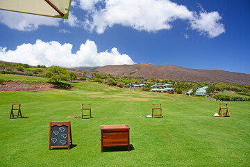 Perfectly manicured golf course on a sunny summer day on Lanai Island in Hawaii