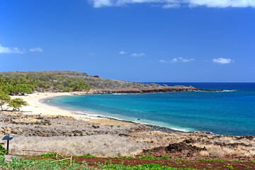 Beach cove at Hulopoe Bay on a sunny summer day on Lanai Island in Hawaii