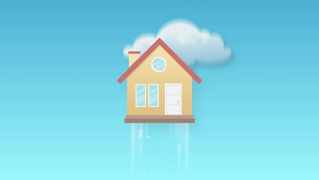Skyrocketing home prices animation loop with stylized home going up through clouds and money signs.