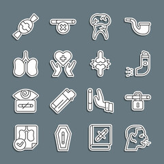 Set line Man coughing, No smoking, Inhaler, Tooth with caries, Heart cross, Lungs, Candy and Joint pain, knee pain icon. Vector