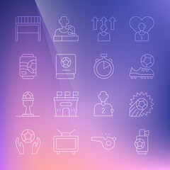 Set line Air horn, Soccer football ball, Football shoes, soccer player, learning book, Beer can, goal and Stopwatch icon. Vector