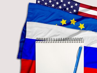 Notepad with pen for text on Russian Federation. Russia and Ukraine conflict.