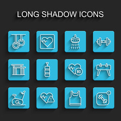 Set line Stationary bicycle, Heart rate, Gymnastic rings, Sleeveless t-shirt, Fitness app, Punching bag, Pommel horse and icon. Vector