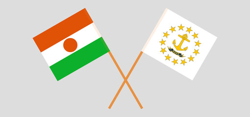 Crossed flags of Niger and the State of Rhode Island. Official colors. Correct proportion