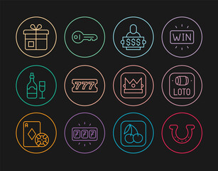 Set line Horseshoe, Lottery ticket, Winner holding prize, Champagne bottle with glass, Gift box, King playing card and Old key icon. Vector