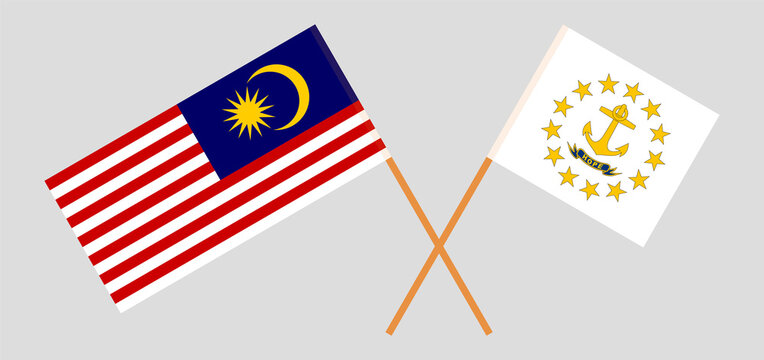 Crossed flags of Malaysia and the State of Rhode Island. Official colors. Correct proportion