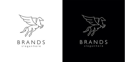 Fly wing horse pegasus black line logo Vector on a black and white background