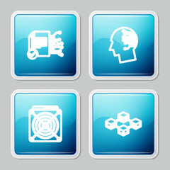 Set line Smart contract, Brain as digital circuit board, ASIC Miner and Blockchain technology icon. Vector