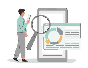 SEO businessman concept. Man with smartphone and magnifying glass looks at graphs and charts. Internet promotion, website page optimization, content filling. Cartoon flat vector illustration