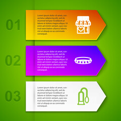 Set line Sex shop building, Leather fetish collar, Penis pump and Film reel with. Business infographic template. Vector