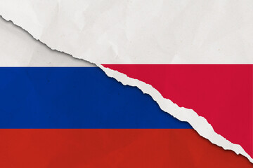 Russia and Poland flag ripped paper grunge background. Abstract Russia and Poland economics, politics conflicts, war concept texture background