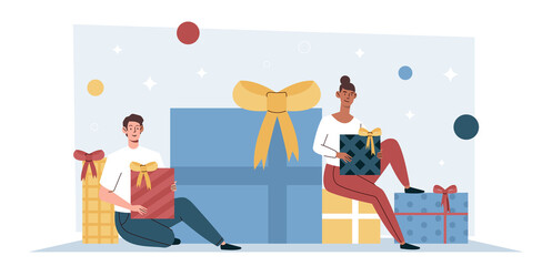 People and gifts. Man and girl with boxes, advertising poster or banner for website, presents and special offer for regular customers. Online shopping concept. Cartoon flat vector illustration