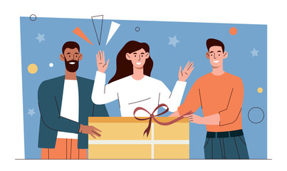 People opening gift. Girl and guys next to box, present for birthday or international womens day. Surprise, advertising banner or poster for websites, promotion. Cartoon flat vector illustration