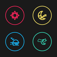 Set line Sunset, Cloud with moon and stars, Moon icon and icon. Vector