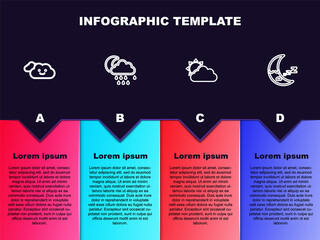 Set line Cloud, with rain and moon, Sun cloud weather and Moon icon. Business infographic template. Vector