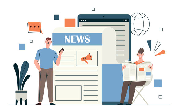 Reading hot news. Man and girl looking for information, social networks and mass media. Popular newspapers, comfortable rest. Modern and trendy business concept. Cartoon flat vector illustration