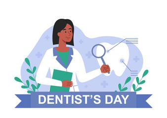 Dentists day concept. Girl looks at tooth with magnifying glass. Poster or banner for website, medicine and prevention of caries and diseases of dental cavity. Cartoon flat vector illustration