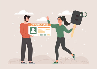 Driver license concept. Man gives documents to girl with key in his hands. Car and vehicle, woman successfully passed replacement or testing. Paid courses metaphor. Cartoon flat vector illustration