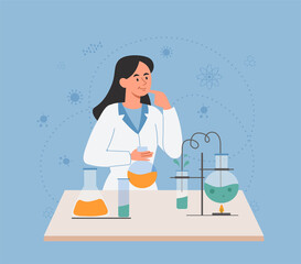 Scientist conducts experiment. Girl in medical coat next to table with substances. Evaluation of chemical reactions and drug development. Reagents and substance. Cartoon flat vector illustration