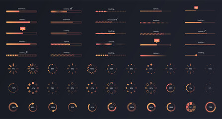 Loading big set. Collection of stripes and rotating elements. Digital world and modern technologies, progress bars for applications. Cartoon flat vector illustrations isolated on black background
