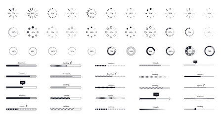 Loading black set. Collection of icons to create minimalistic design for websites and programs. Digital technology, app development. Cartoon flat vector illustrations isolated on white background