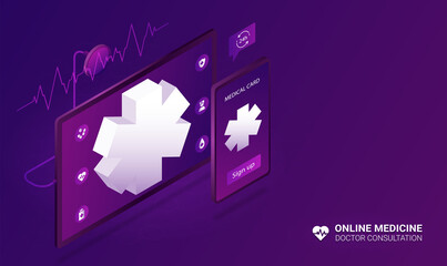 Online medicine infographic. Application for filling out patient complaints. Modern technologies and remote communication with specialist, diagnosis, symptoms. Cartoon isometric vector illustration