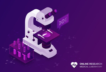 Online research concept. Microscope checks liquid and reagents. Study of composition of substances, equipment for medical, scientific and chemical experiments. Cartoon isometric vector illustration